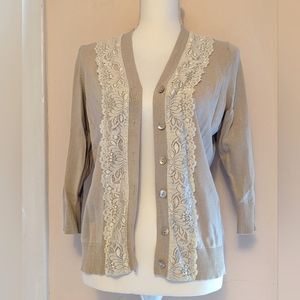 August Silk Blend Cardigan Button Down Lace Trim Beige Cream Med/large